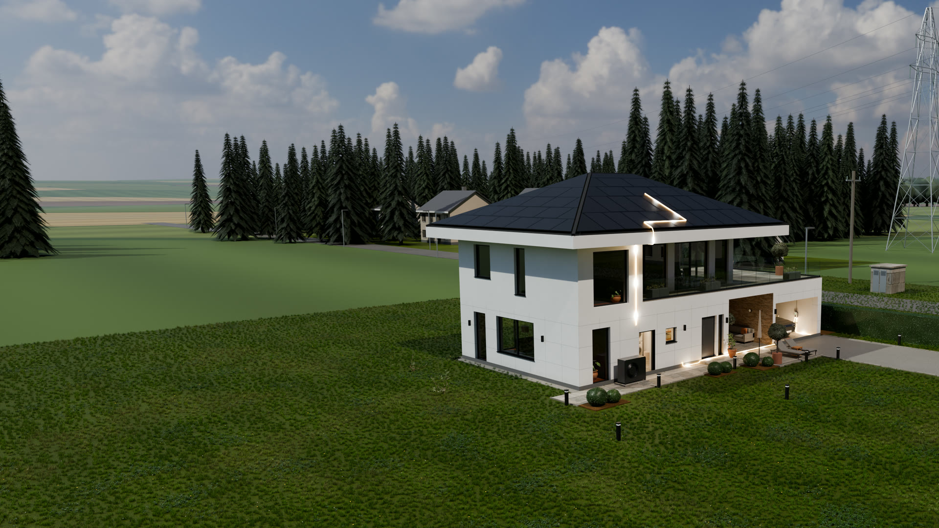 Einfamilienhaus in der Mittagssonne, das ganze Dach mit schwarzen Solarmodulen belegt